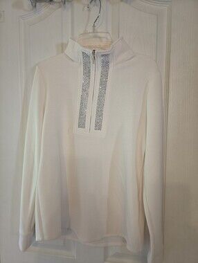 Chico's White Crystal-Trim Half-Zip Pullover